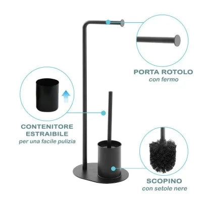 Piantana Porta Rotolo e Porta Scopino Nera Opaca Base Ovale