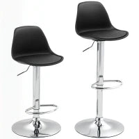 Set 2 Sgabelli da Bar con Schienale e Poggiapiedi, in PP, Pelle PU e Acciaio, 38x42x82-104 cm, Nero