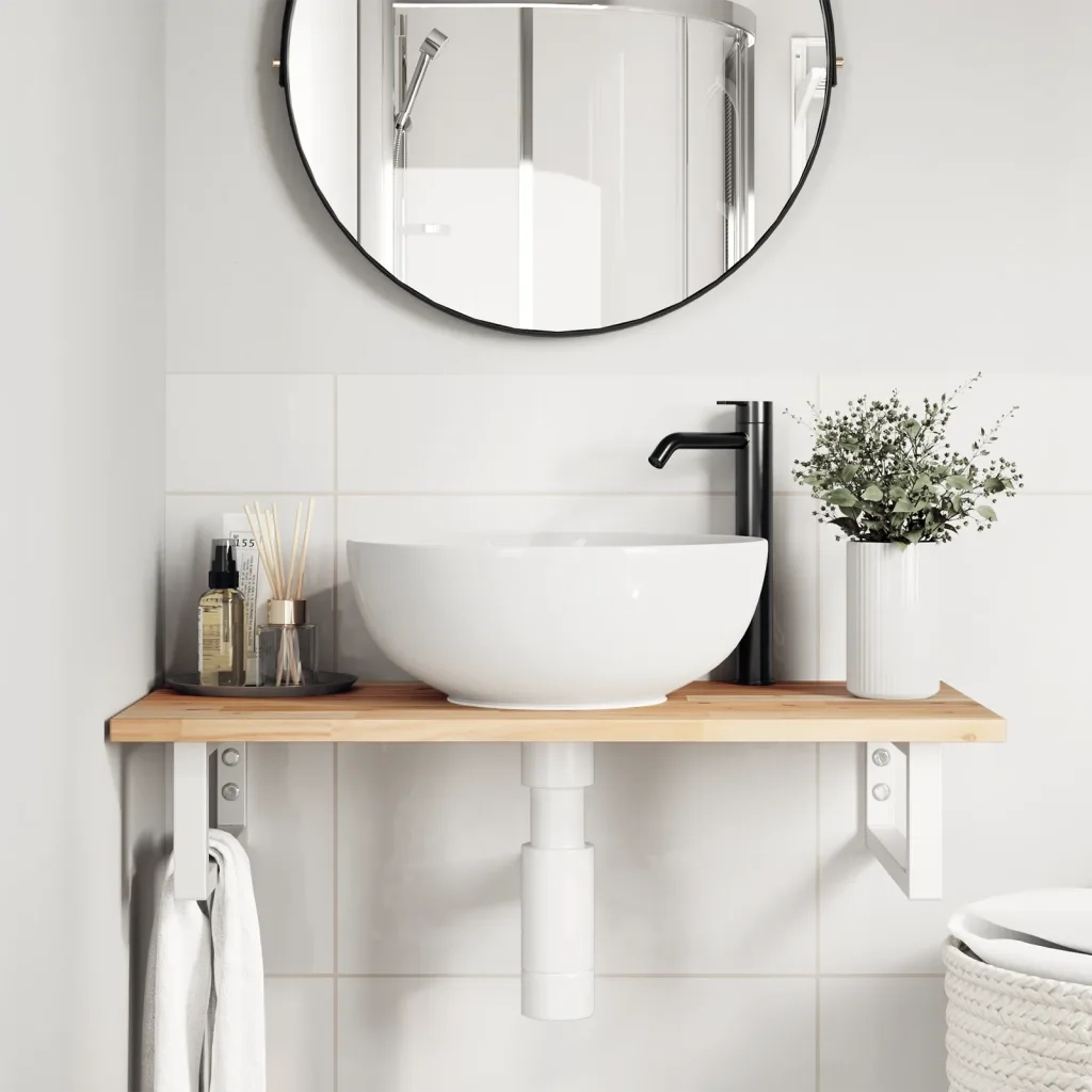 Ripiano a Parete per Lavabo-Mensole a Muro in Acciaio e Massello di Acacia 680494