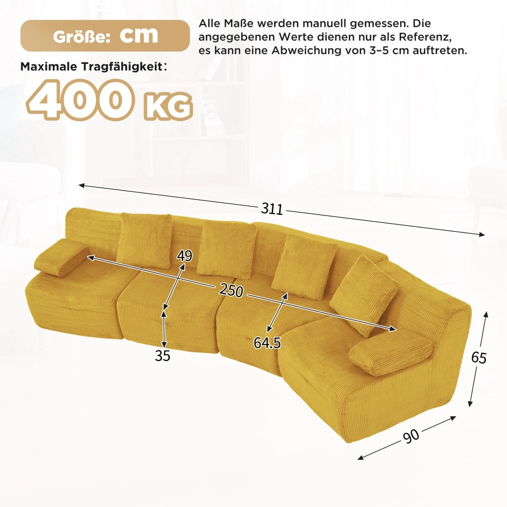 DIVANO modulare 4 posti 311x90x65 cm in velluto a coste giallo brillante