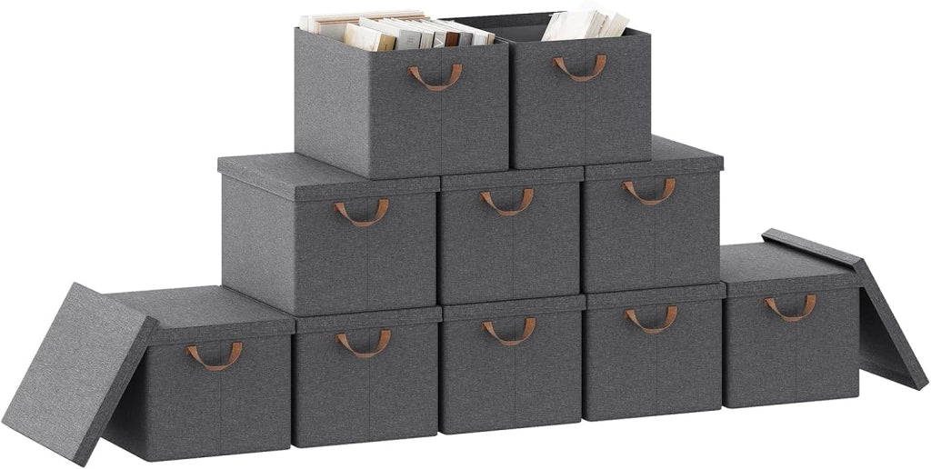 Scatole portaoggetti in Tessuto 10 Pezzi, Contenitori pieghevoli con Coperchio e Maniglie, per Vestiti da Armadio, Grigio, 48x36x30cm