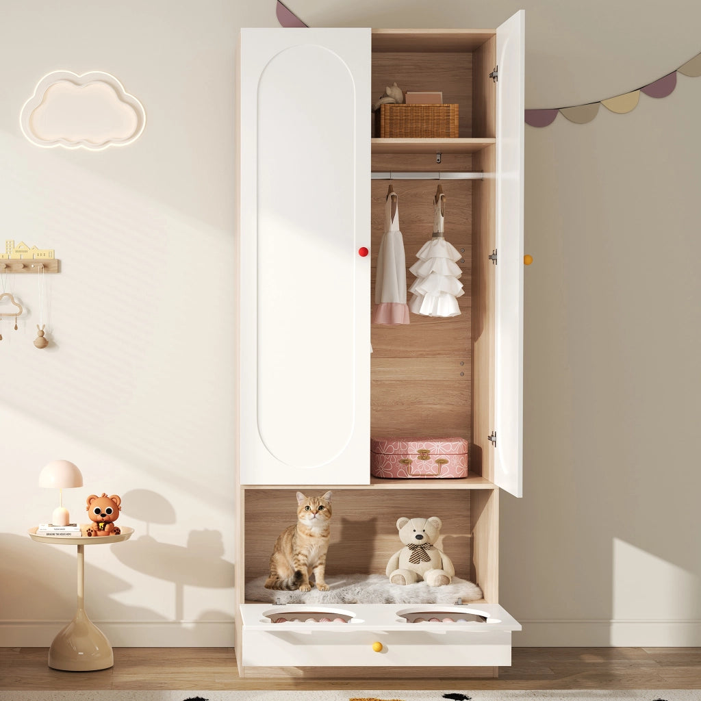 Armadio con 2 ante asta appendiabiti ripiani e cassetti per cameretta in MDF bianco e legno 80×50×200 cm