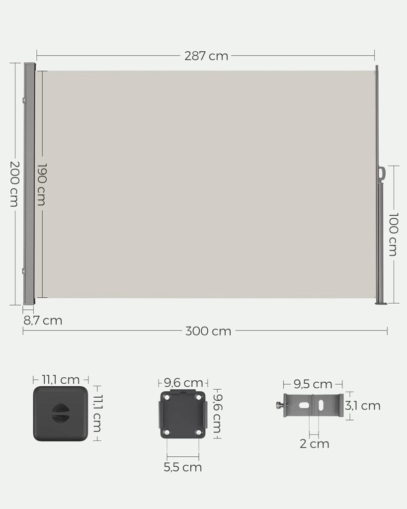 SONGMICS Paravento da Esterno, Tenda da Sole Laterale, Antiruggine, Estensibile, 200 x 300 cm, Frangivista, Parasole Ombreggiante, Tenda da Esterno Balcone Terrazzo Giardino, Beige GSA200K02