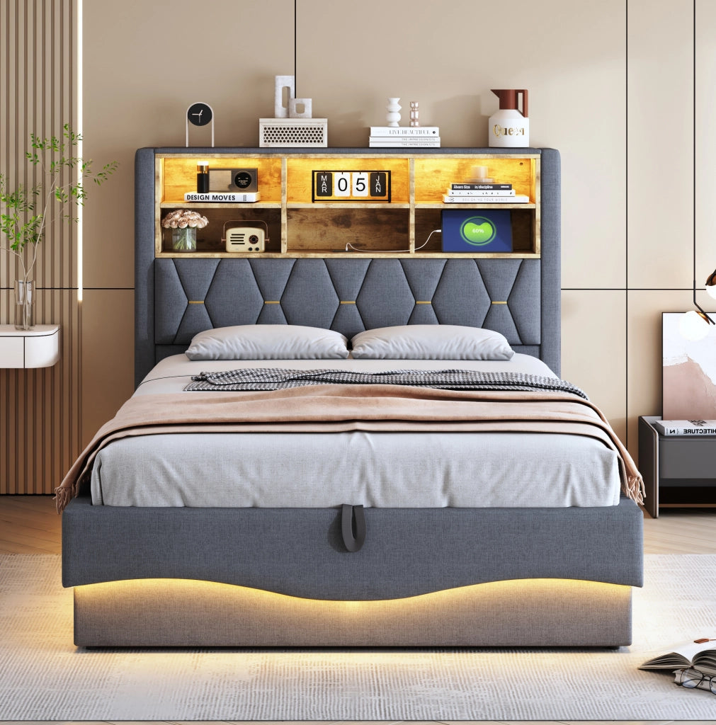Letto matrimoniale imbottito 140x200 cm con contenitore; LED e USB; grigio