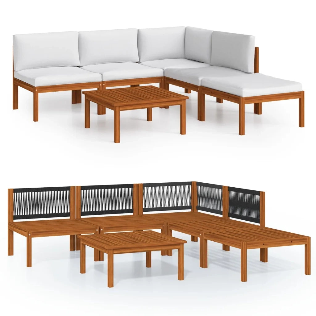 Set da giardino 6 pezzi con cuscini in legno crema, acacia e corda 3057899