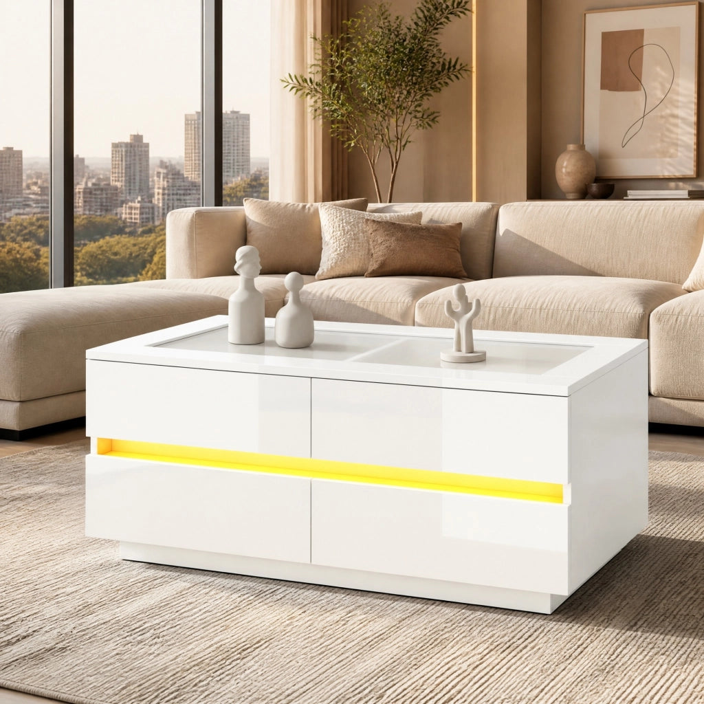 Tavolino da caff¨¨ bianco 100x50x40 cm con 4 cassetti, piano in vetro temperato, illuminazione LED e frontali lucidi