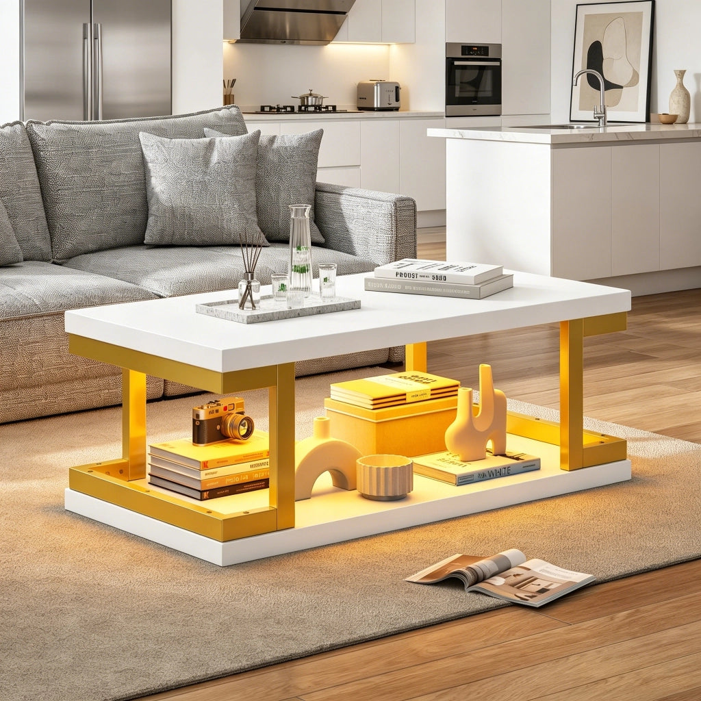 Tavolino basso con LED e 2 ripiani aperti per soggiorno e studio in MDF e metallo bianco e oro 100 × 50 × 37,5 cm