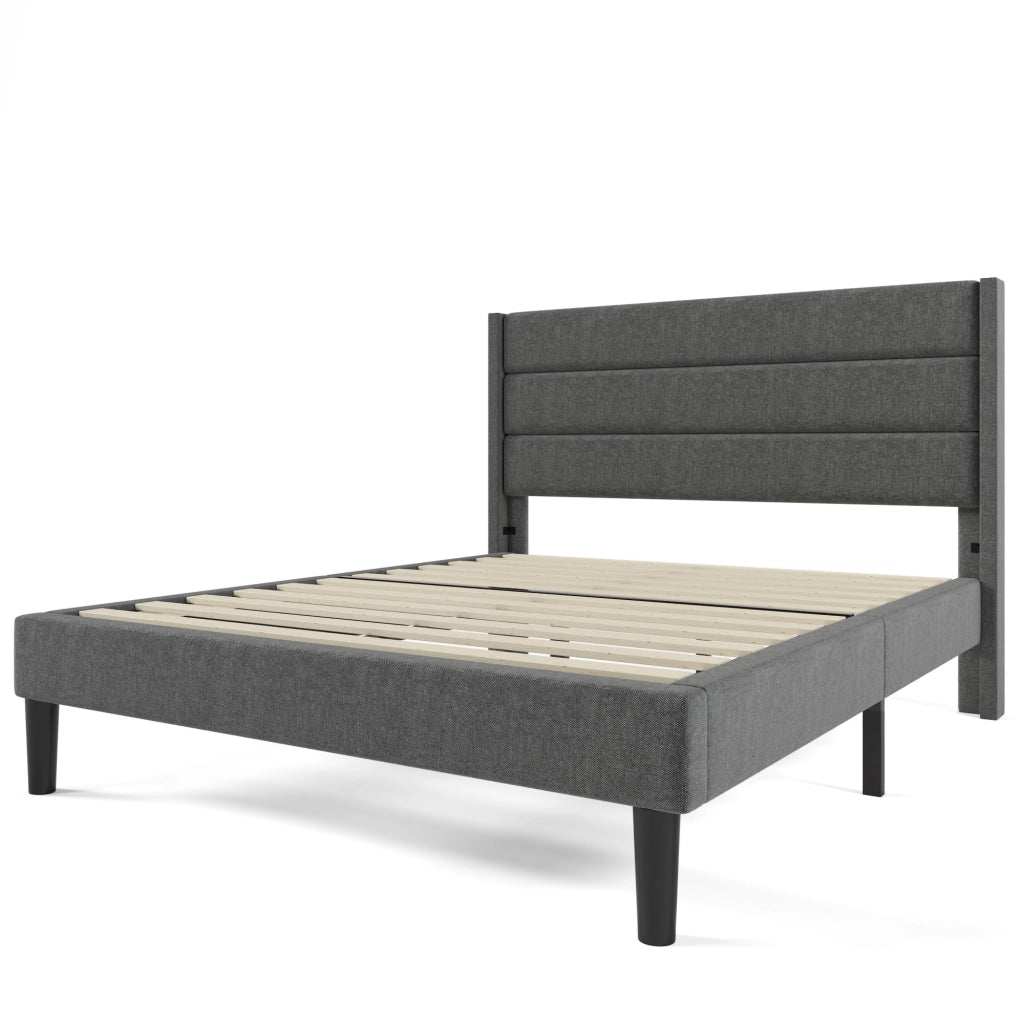 Letto imbottito matrimoniale 140×200 cm con rete e testiera; materasso incluso; lino; grigio scuro