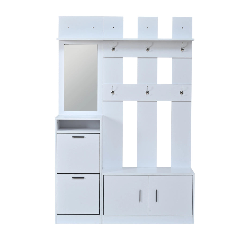 Garderoba ingresso con scarpiera ribaltabile, specchio, ganci e armadietto a doppia anta, bianco, 120 x 30 x 180 cm