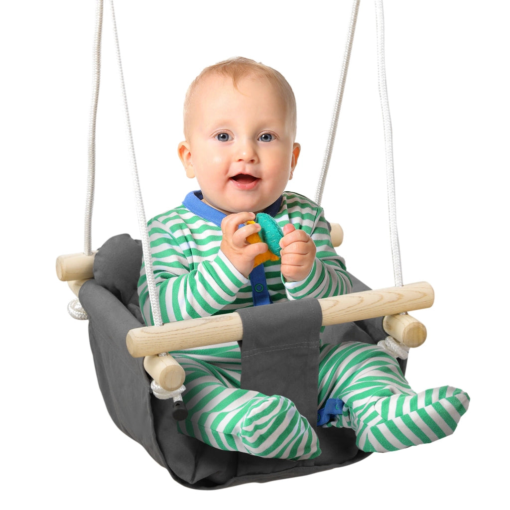 Altalena per Bambini Regolabile in Altezza ¨C zephmum ¨C Grigio e Legno 40x40x110-180 cm