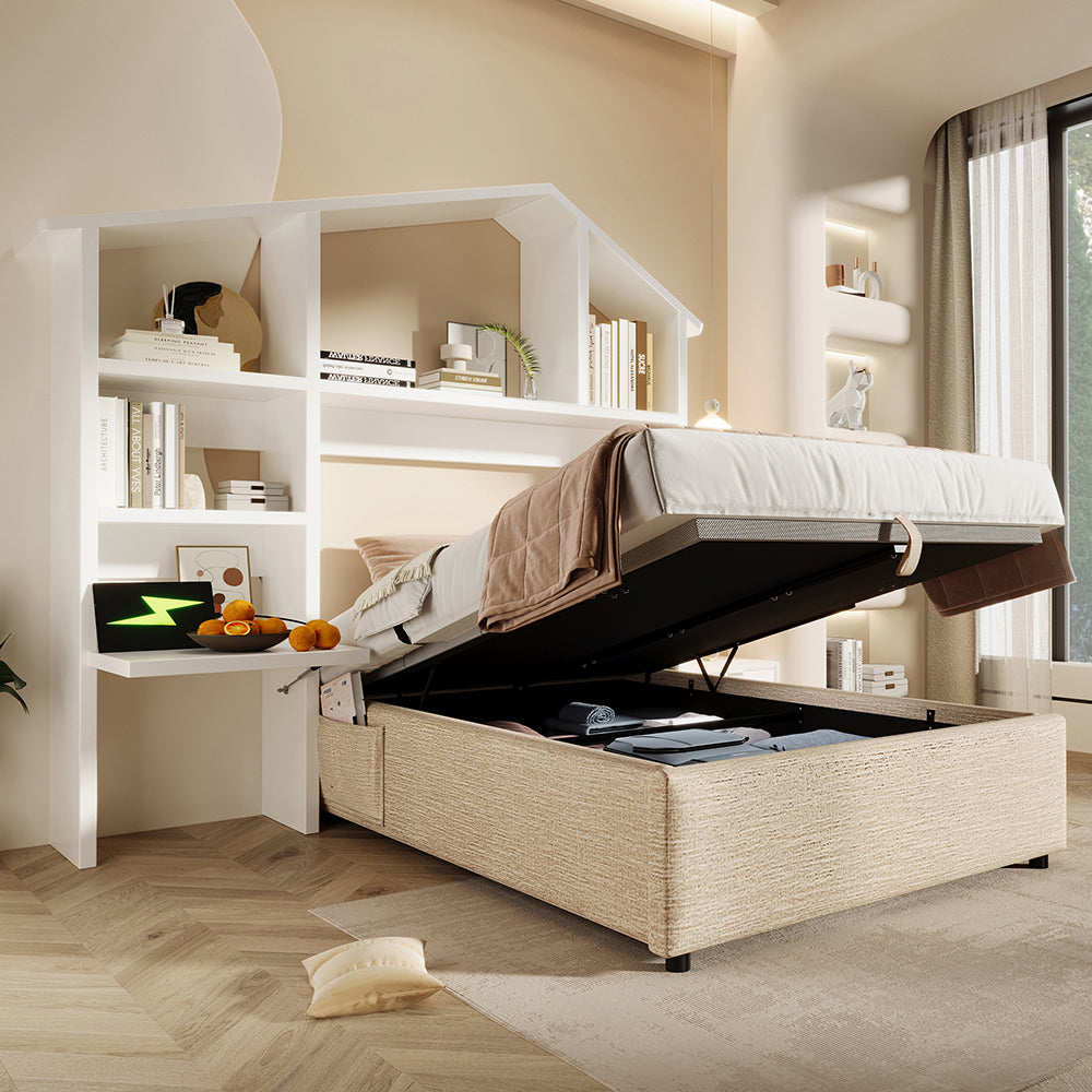 Letto bambino-Xylo-90x200 cm-imbottito, libreria, USB-C, idraulico, colore naturale