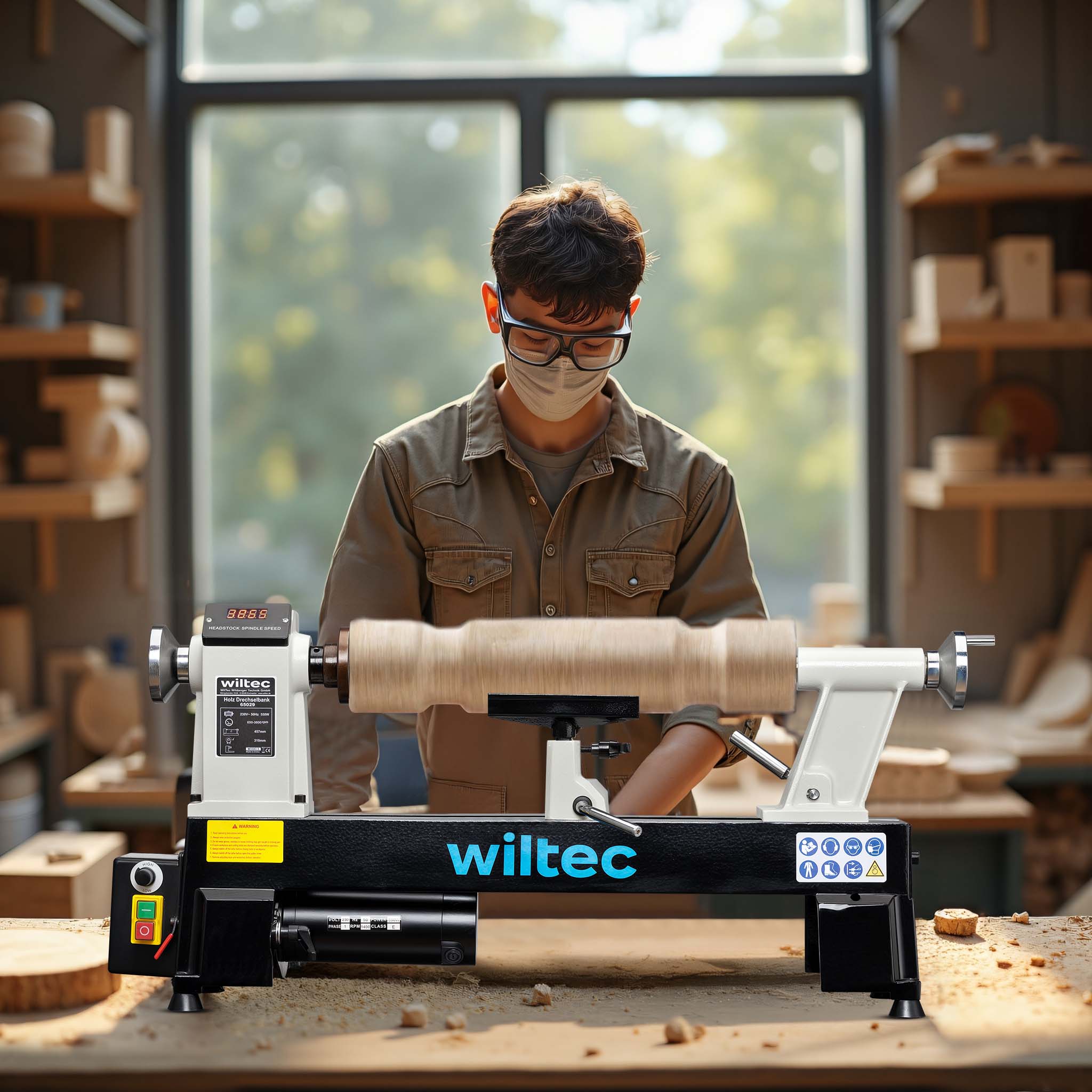 Tornio per legno, 3 variazioni di velocità 50-1450, 1250-2800 e 2800–3800 rpm, Macchina da banco per tornitura