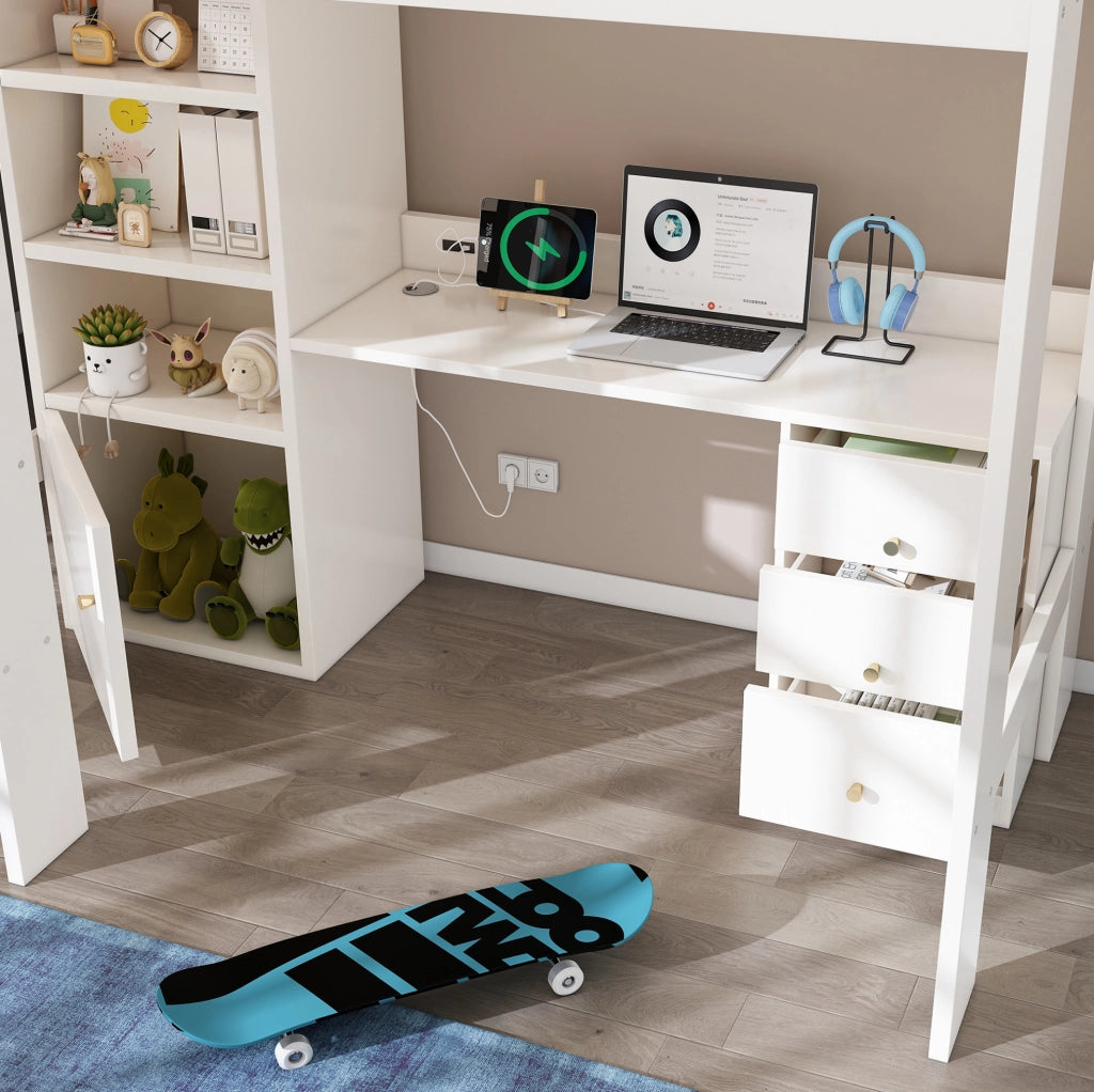 Letto a soppalco 90x200 cm con scrivania; armadio; cassetti e ricarica USB-Type-C; bianco