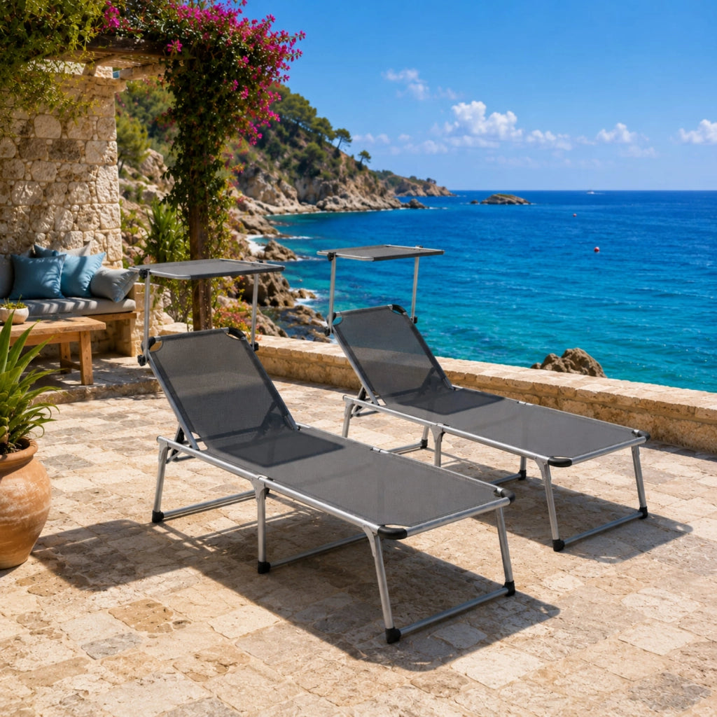 Set 2 Lettini Da Sole Richiudibili Con Tettuccio Ombreggiante Schienale Reclinabile A 6 Regolazioni Struttura Leggera Ideali Per Mare Spiaggia Giardino Piscina 187 x 59 x 29 Cm Grigio Scuro