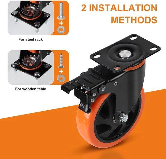 Ruote pesanti con freno 125 mm, ruote inclinabili 720 kg di carico, ruote di trasporto in acciaio inossidabile outdoor, set di ruote per mobili da 4 pezzi