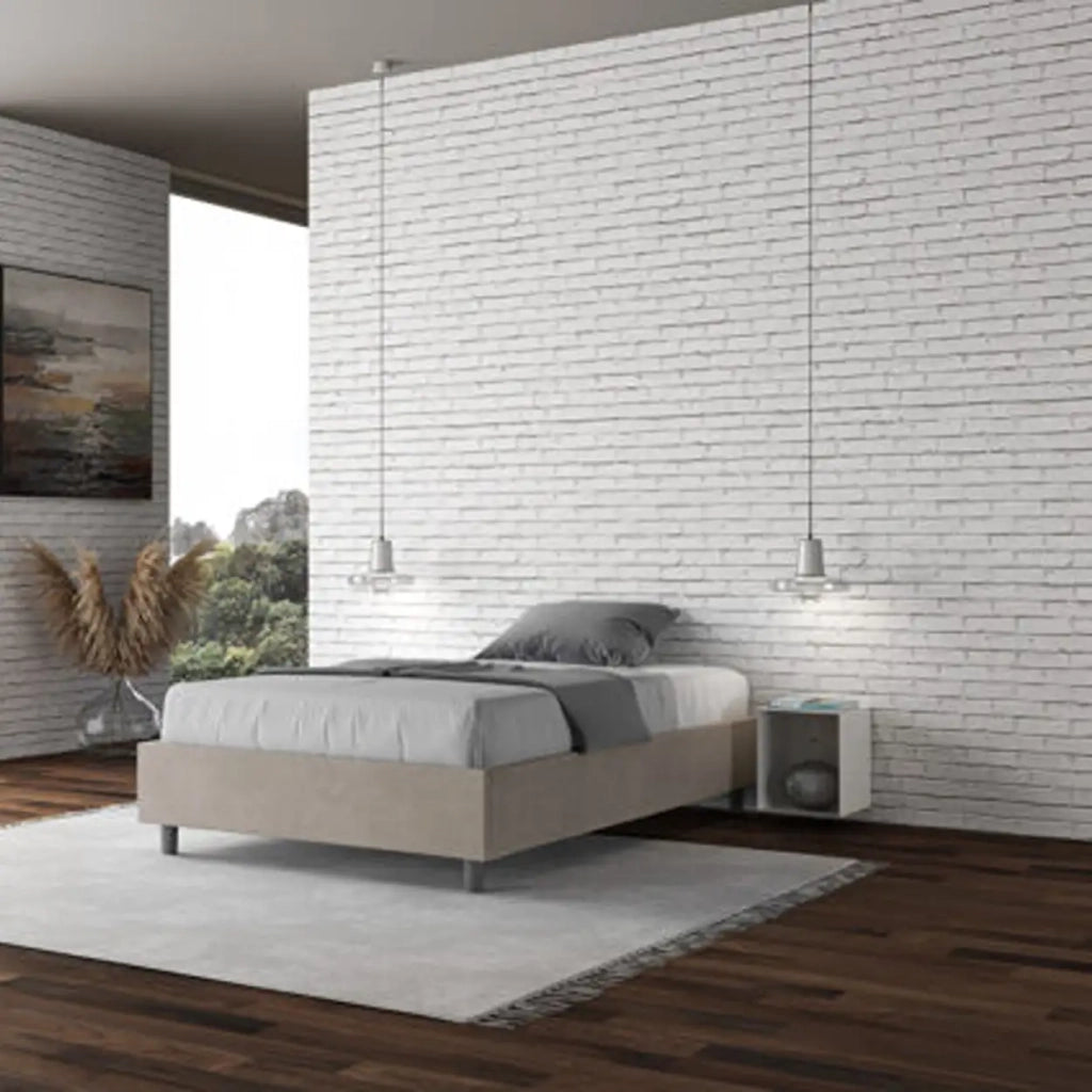 Letto matrimoniale francese con rete imbottito 140x210 microfibra sabbia Azelia