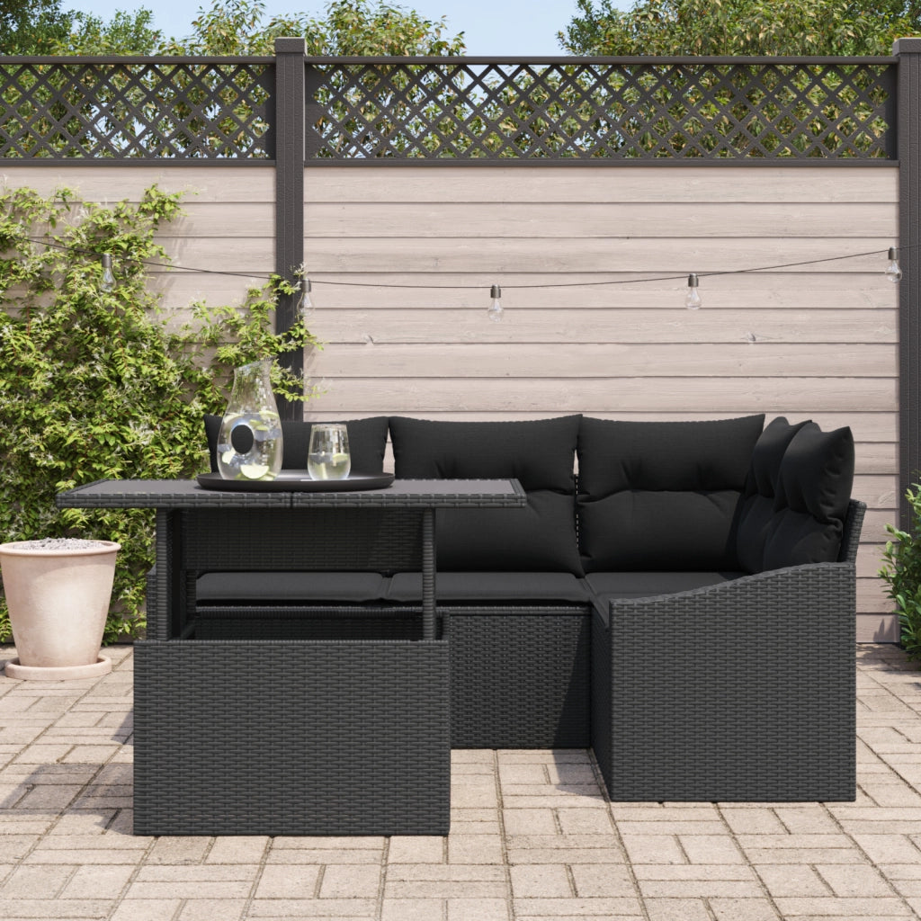 Set Divano Giardino 5 Pezzi con Cuscini Rattan Poliestere Nero