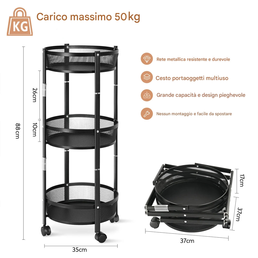 Carrello Pieghevole Salvaspazio Nero con 3 Ripiani Organizer Versatile 88x35cm