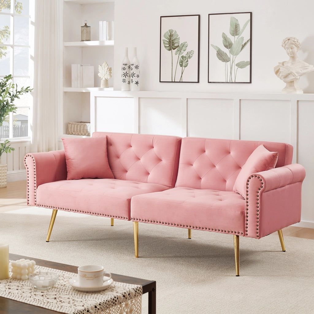 Divano letto 2 posti - con schienale regolabile e cuscini - in velluto rosa