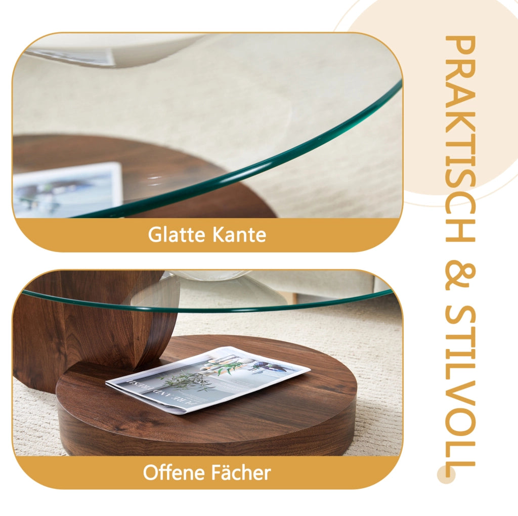 Tavolino da caffè moderno a due ripiani in vetro temperato e MDF; 78;5x78;5x24;5 cm; noce e trasparente