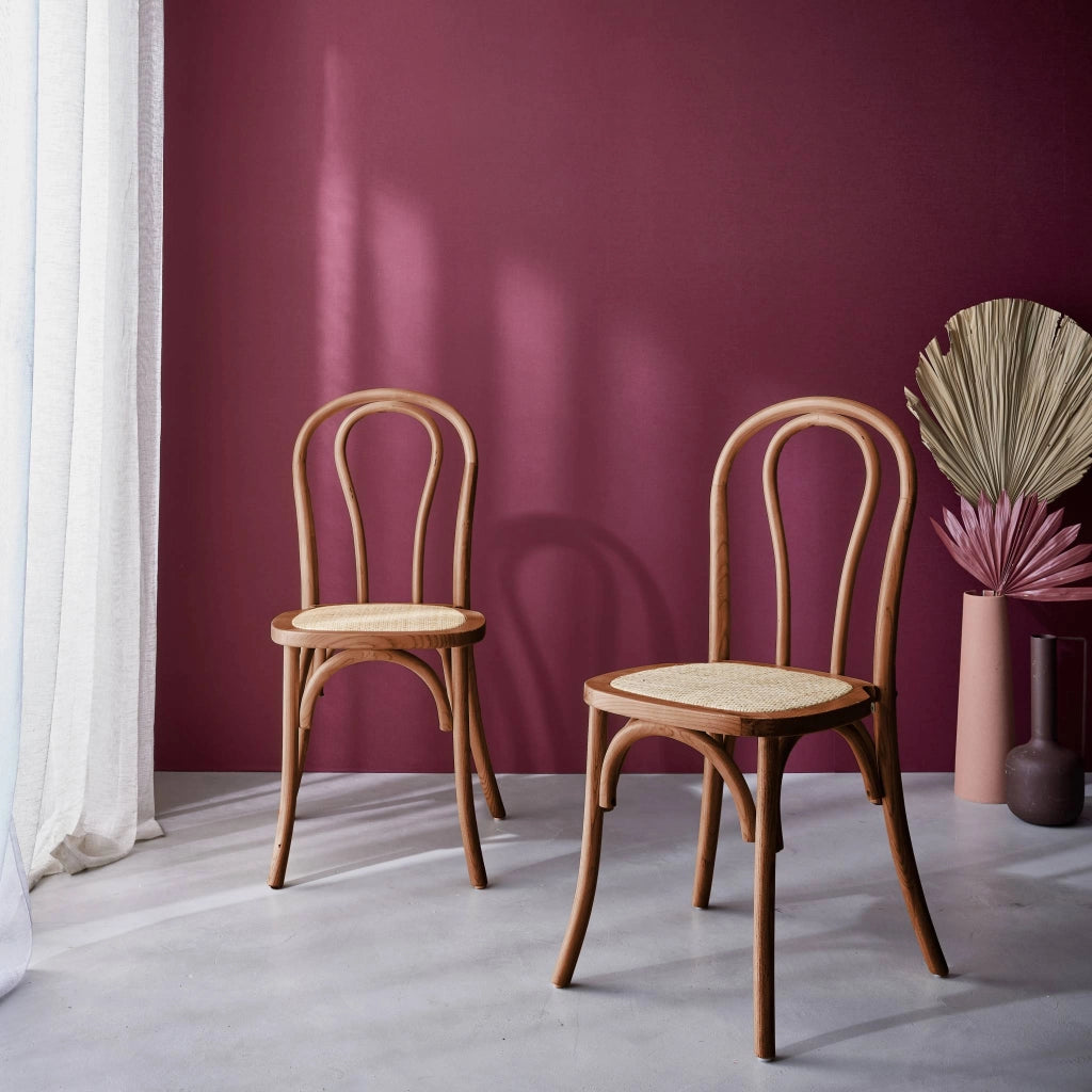 Set 2 sedie vintage in legno e rattan, noce