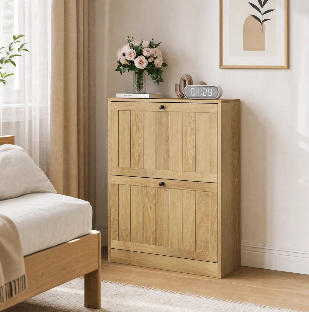 Scarpiera da terra con 2 vani a ribalta in MDF e truciolare; rovere