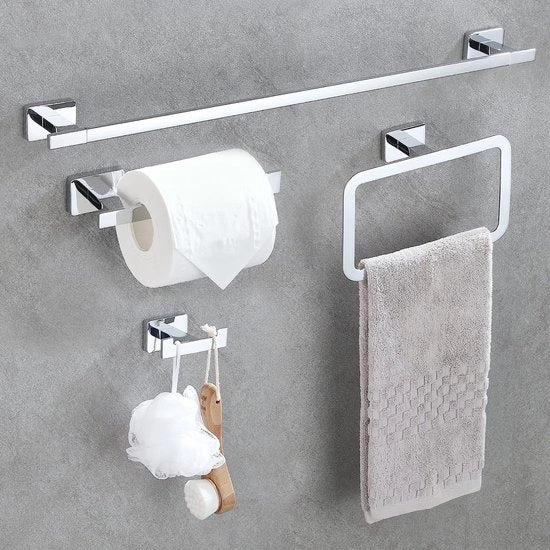Accessori per la doccia, set da 4, accessori per la doccia, supporto per asciugamani, supporto per carta igienica, anello per asciugamani e gancio per abbigliamento in acciaio inossidabile, per installazione a parete, 62,5 cm