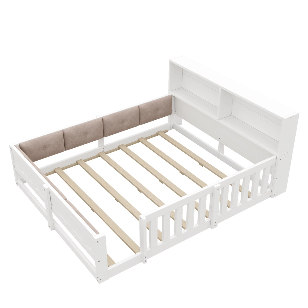 Letto bambino 140×200 cm con testiera contenitore; LED e sponde di sicurezza; senza materasso; bianco