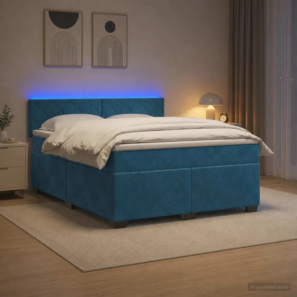 Letto con Box Spring, Materasso e LED Blu 160 x 200 cm Velluto 3452220