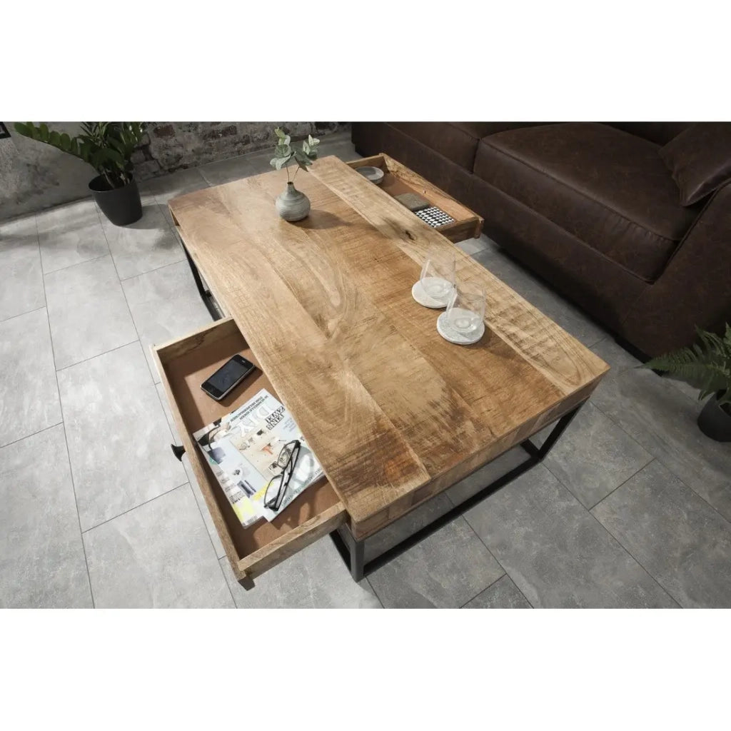 Tavolino LODEN 100 cm in legno massiccio di mango con vani contenitori e metallo nero - stile industriale