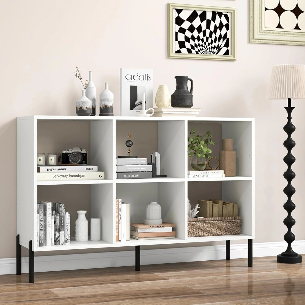 Libreria a 6 cubi, libreria a 3 ripiani in legno lunga 119,4 cm con 5 gambe in metallo, ripiano regolabile, dispositivo anti-ribaltamento, scaffale aperto da pavimento alto 80 cm, mensole