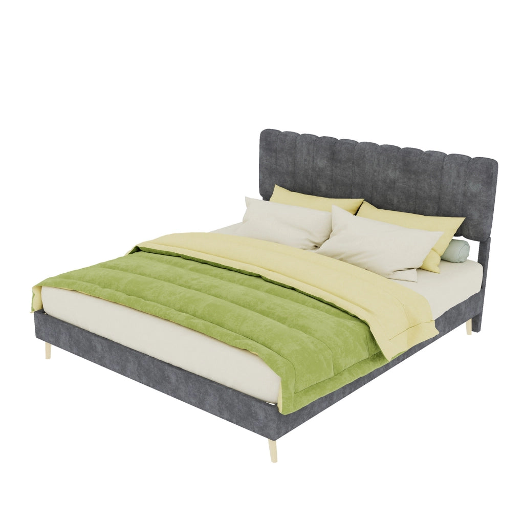 Letto imbottito con testiera alta 160x200 cm, in tessuto e metallo, grigio