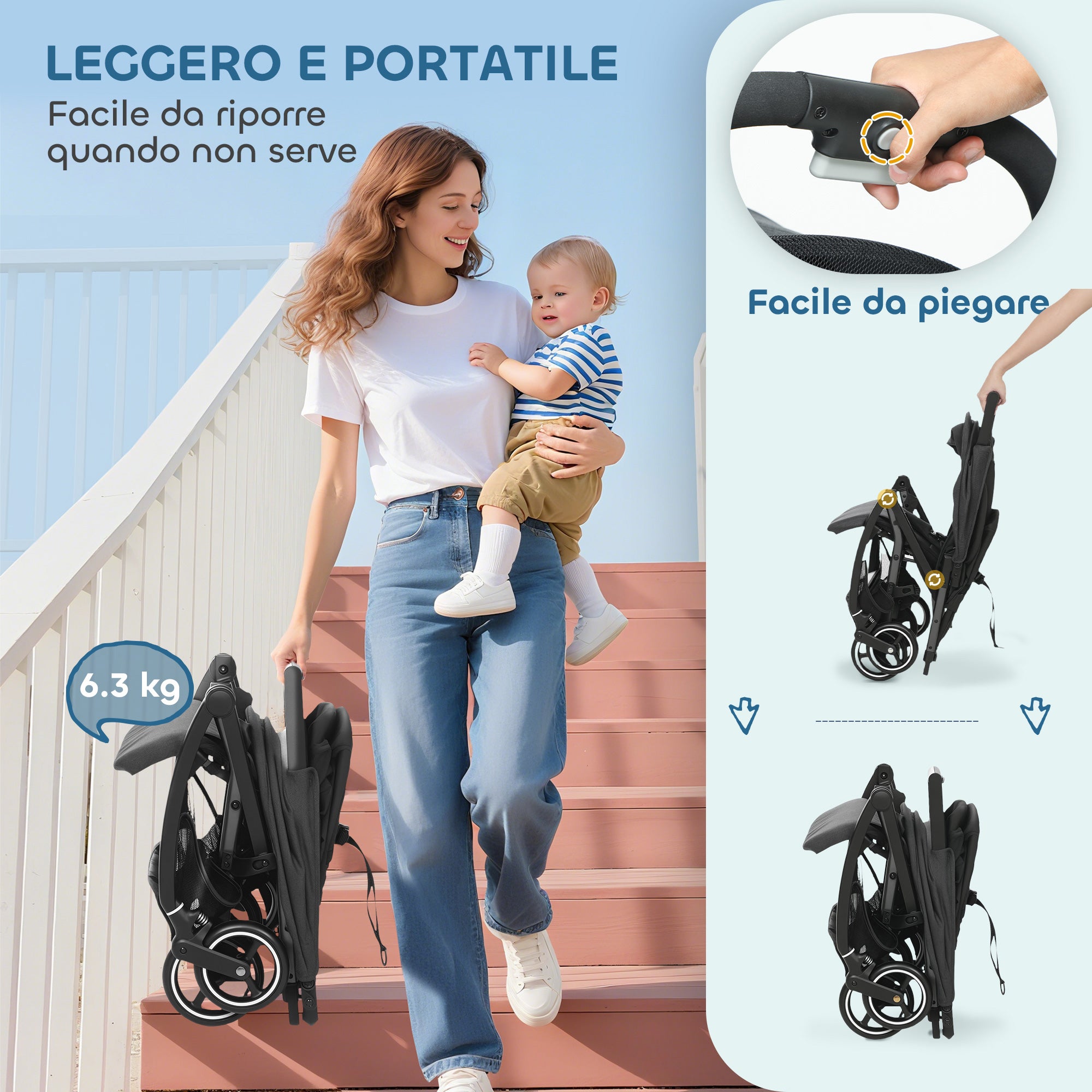 Passeggino per Bambini 0-3 Anni Pieghevole e Leggero Fino a 15 kg Chiusura a Una Mano in Tessuto Grigio Scuro