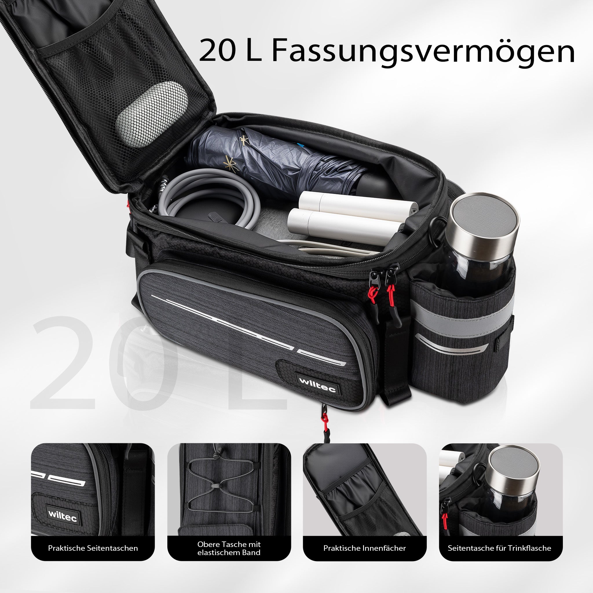 Borsa per portapacchi posteriore bici espandibile fino a 20 L grigia, impermeabile e multiuso, scomparto laptop ed elementi riflettenti