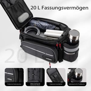 Borsa per portapacchi posteriore bici espandibile fino a 20 L grigia, impermeabile e multiuso, scomparto laptop ed elementi riflettenti
