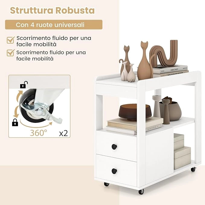Tavolino da Salotto, Tavolino Moderno Laterale a 2 Cassetti con Ripiani Aperti e Ruote Universali Bloccabili, Tavolo Stretto per Soggiorno, Camera da Letto e Ufficio (Bianco)