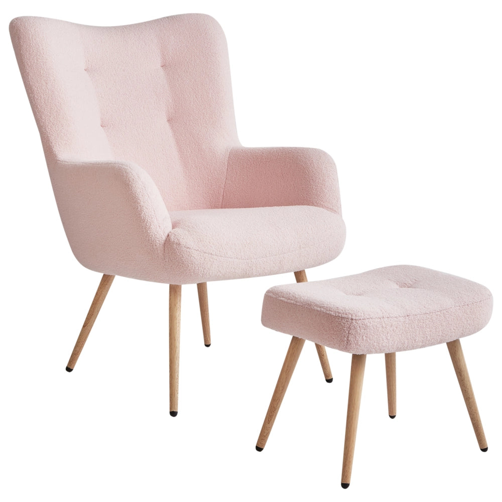 Sedia Wingback con ottomana Tessuto boucle rosa pastello con bottoni e motivo a tinta unita Stile retrò per il soggiorno