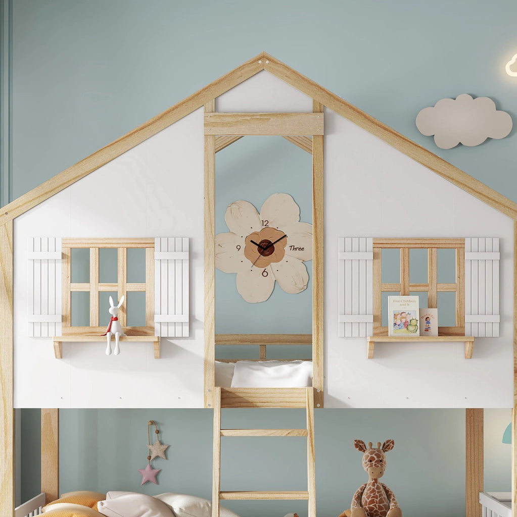 Letto a castello per bambini 90x200 cm con tetto e finestre