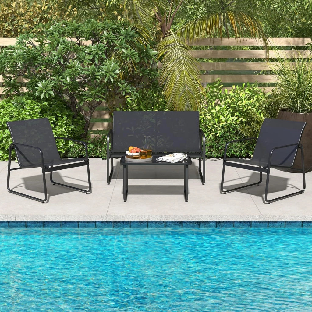 Set Tavolo e Sedie da Giardino 4 Pezzi, Tavolino in Vetro Portato 50 kg, Sedie Portata 150 kg, Panca Portata 300 kg, Set Bistro in Tessuto Textilene, per Cortile Terrazza Piscina (Nero)
