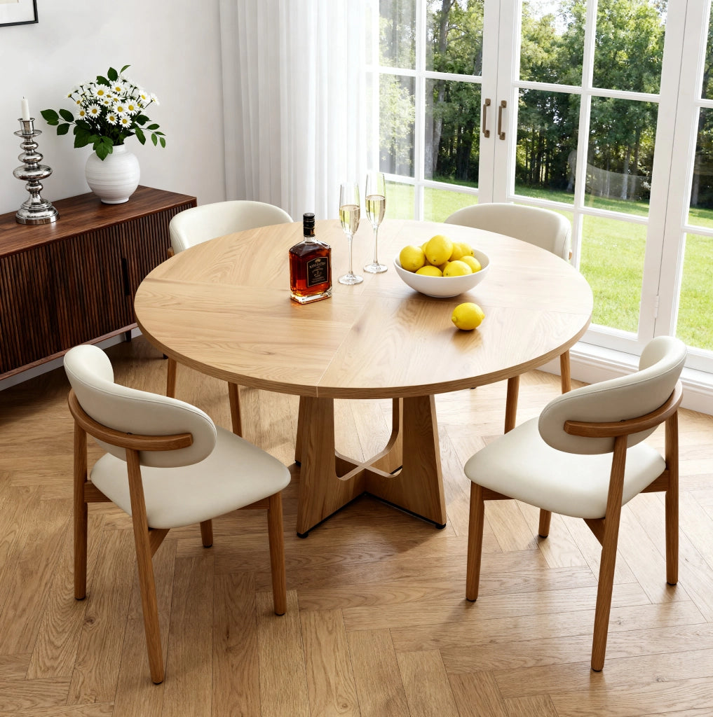 Set tavolo da pranzo rotondo ?120 cm con 4 sedie; MDF effetto rovere e legno di quercia