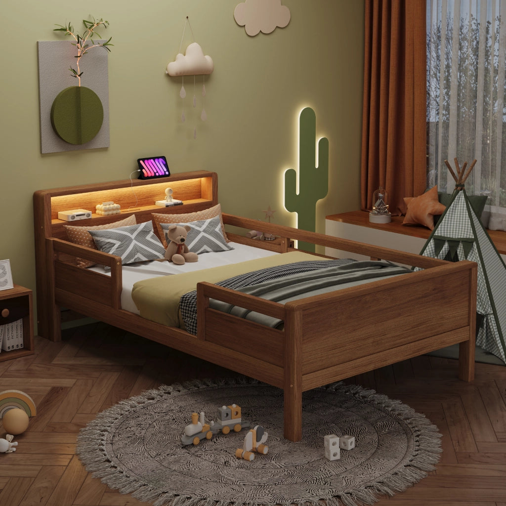 LETTO Bambini 90x200 cm in legno di pino naturale con LED e presa USB/Type-C