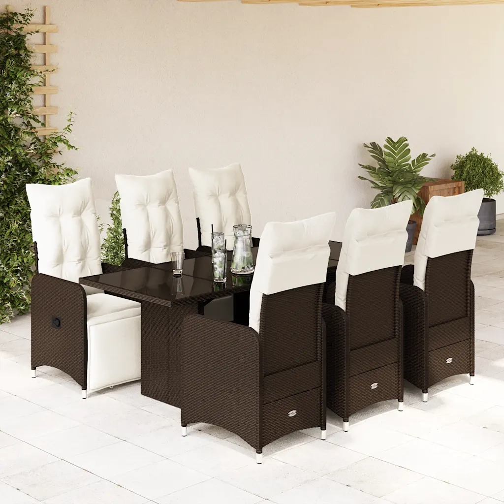 Set BistrÃ² da Giardino 7 pz con Cuscini in Polyrattan Marrone
