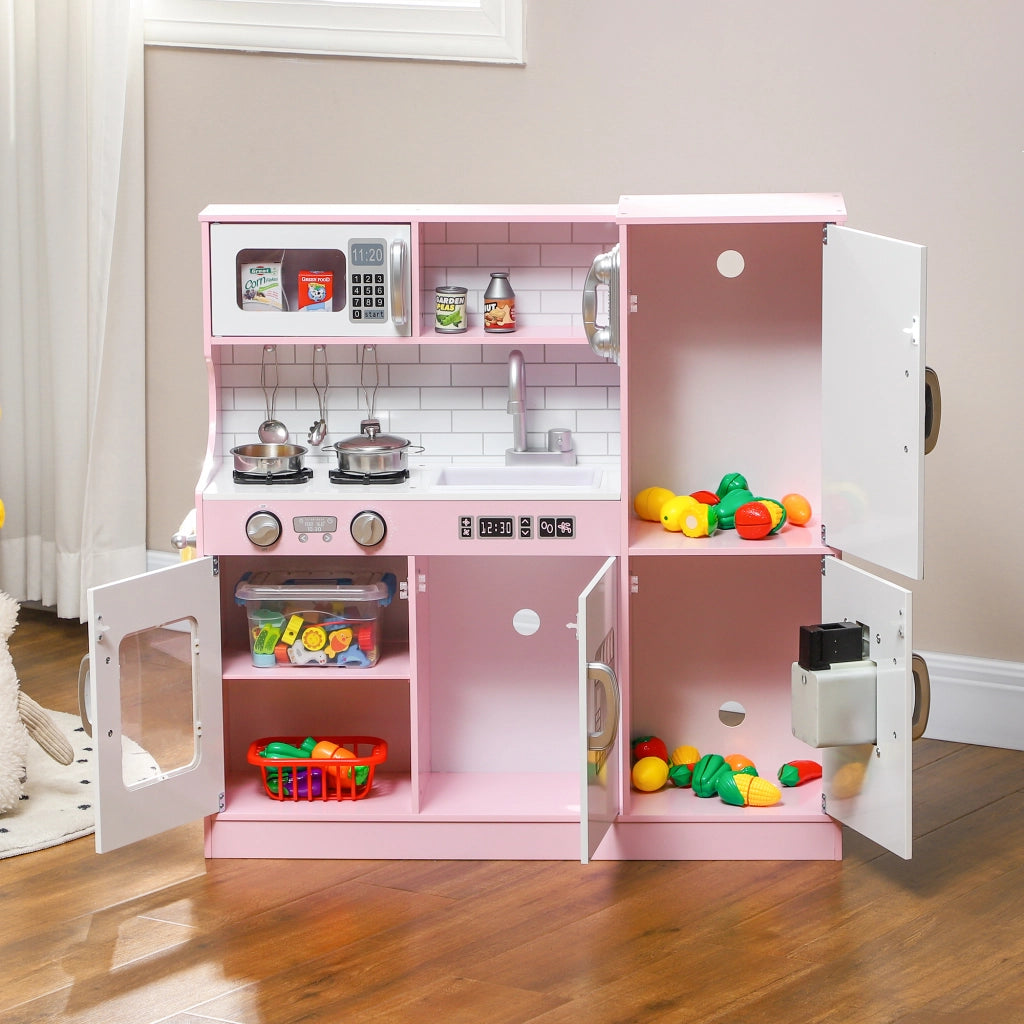 Cucina Giocattolo per Bambini 3-8 Anni con Fornelli Microonde Lavandino in Legno Rosa