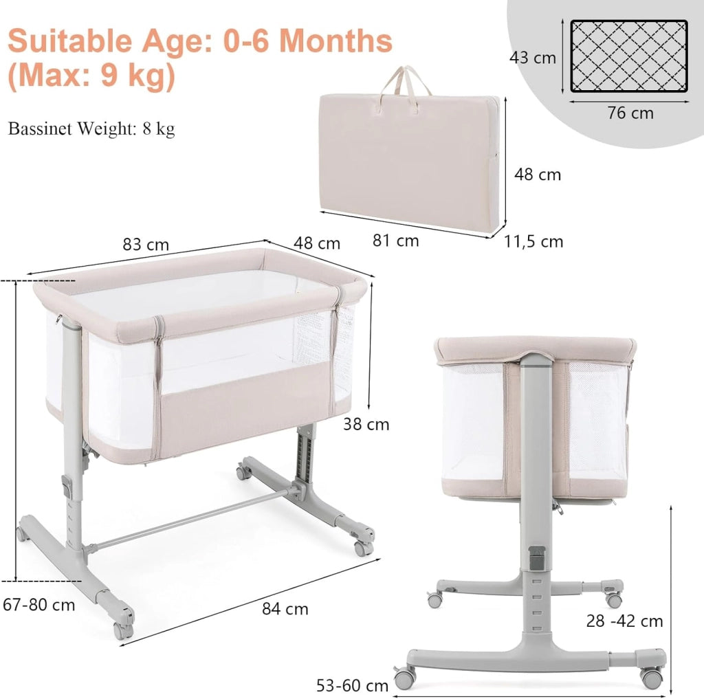 3 in 1 Culla Neonato Fianco Letto, Lettino Neonato Dondolo con Materasso, Culla Co-Sleeping Fino a 9 kg, Altezza Regolabili, 84 x 59,5 x 80,5cm (Beige)