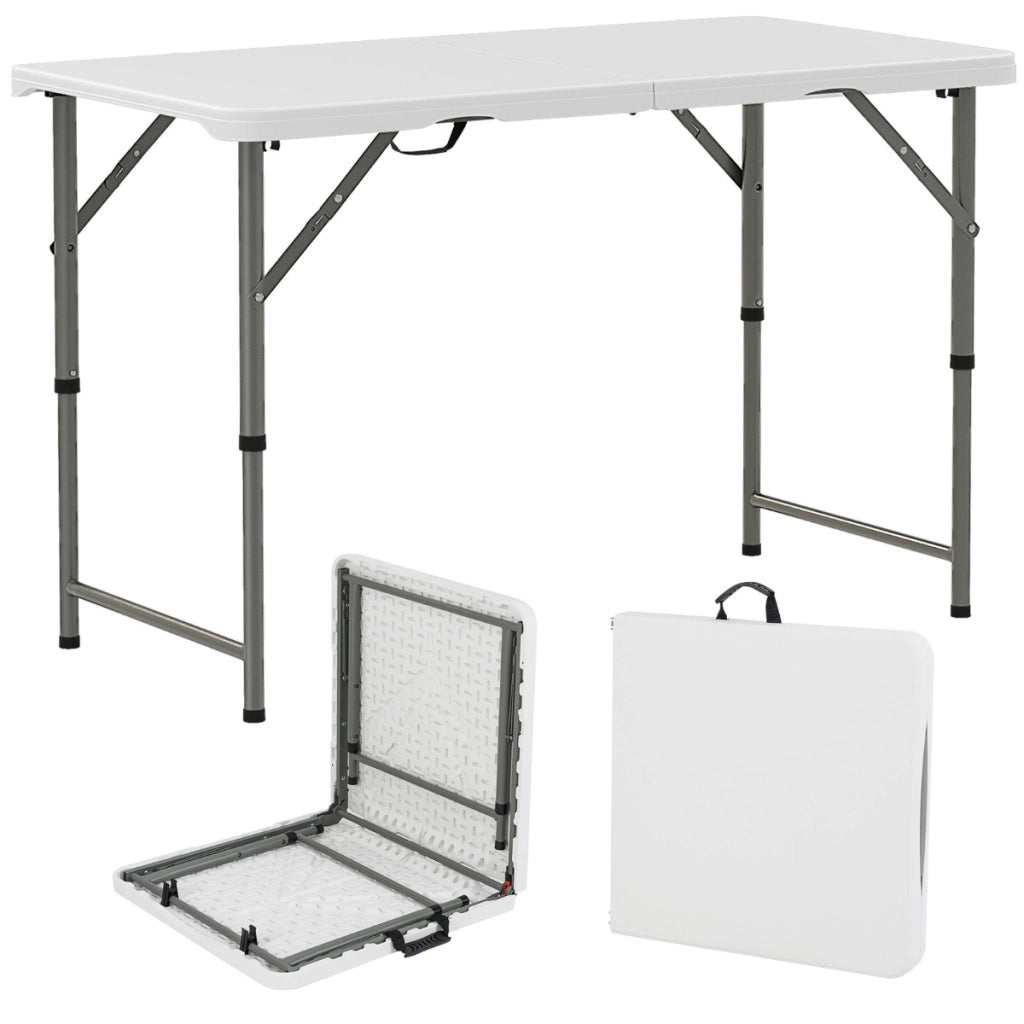Tavolo pieghevole da campeggio portatile da 122 cm, Tavolo regolabile con piano in HDPE e gambe in metallo Bianco