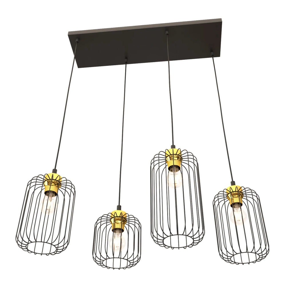 Sospensione Minimal Industrial Minerva 4 Luci Lineari Nera E Oro