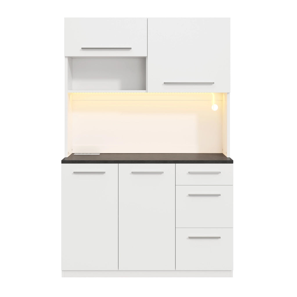 Credenza alta 120x40x180 cm con ampio spazio; prese integrate e LED multicolore; truciolare bianco