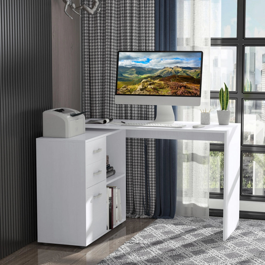 EasyComfort Scrivania Angolare per PC con 2 Cassetti e Ripiani Aperti, Scrivania ad Angolo Forma a L in Legno e Metallo, 117x83.5x76 cm, Bianco