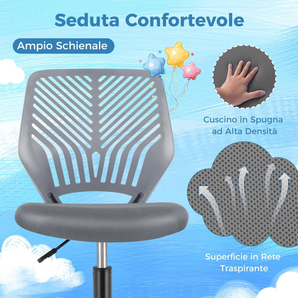 Sedia da Scrivania Ergonomica per Bambini, Sedia per Computer in Rete per Bambini con Ruote Universali, Regolabile in Altezza, Senza Braccioli, Sedia da Studio per Bambini(Grigio)