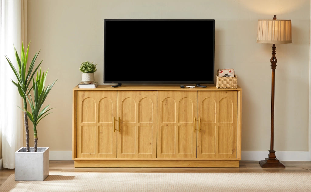 Credenza con ante curve; ripiani regolabili e antiribaltamento - per soggiorno - in MDF - 169×40×80 cm - naturale